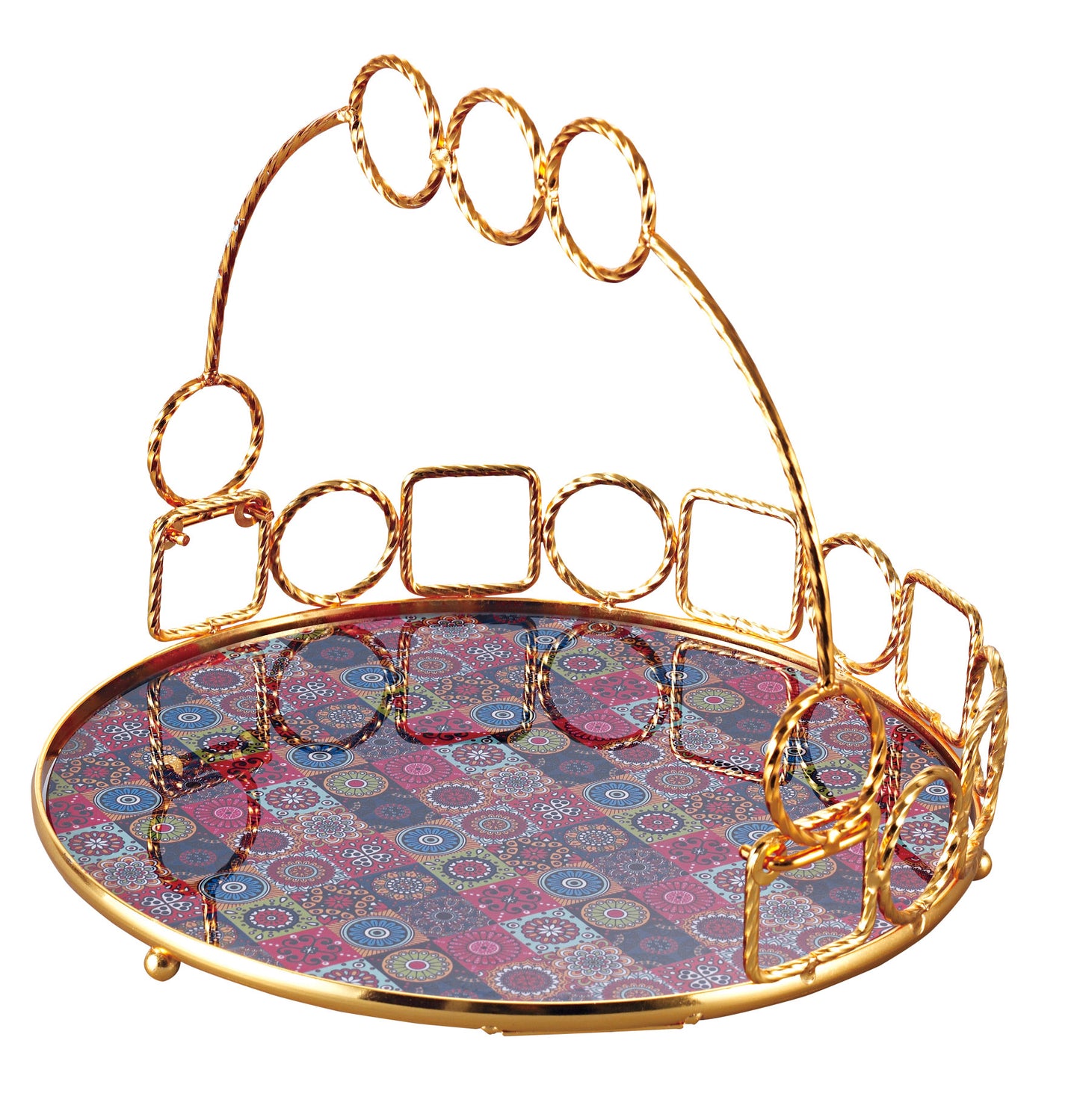 Round Decorative Tray with Gold Handle & Glass Base