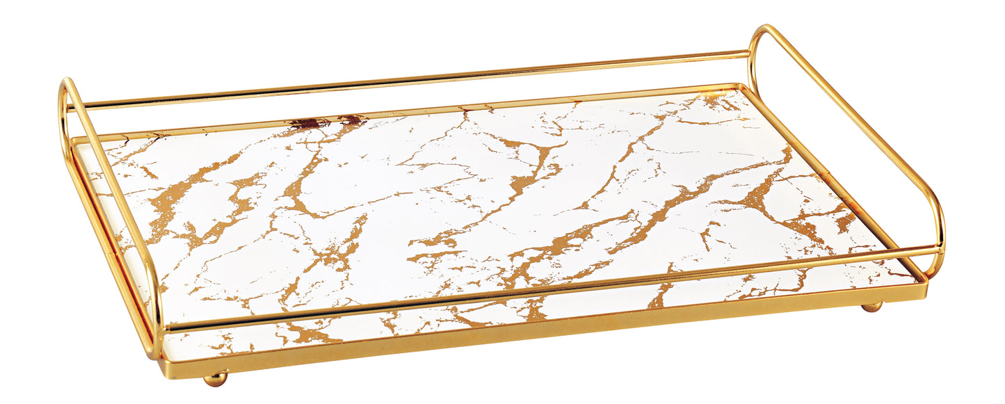 Rectangular Gold Frame Decorative Tray with Printed Glass Base