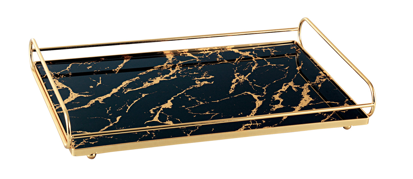 Rectangular Gold Frame Decorative Tray with Printed Glass Base