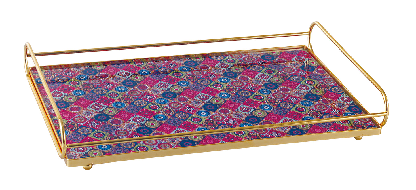 Rectangular Gold Frame Decorative Tray with Printed Glass Base