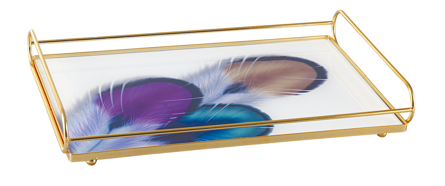 Rectangular Gold Frame Decorative Tray with Printed Glass Base