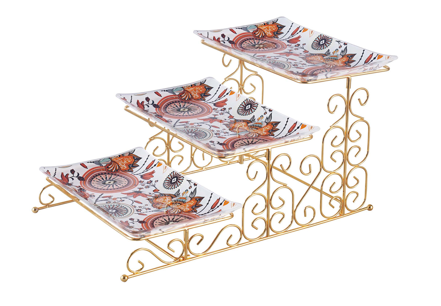 Royal Three Step Serving Platter With Golden Foldable Stand.