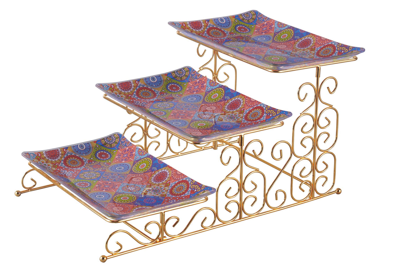Royal Three Step Serving Platter With Golden Foldable Stand.