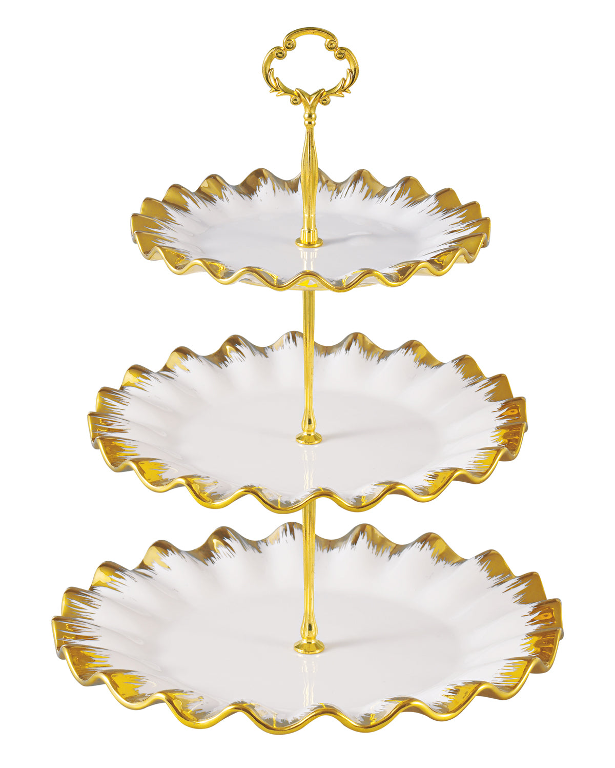 3-Tier Ruffled Edge Ceramic Dessert Stand with Gold Trim – Elegant Tiered Serving Tray for Cakes, Fruits & Pastries