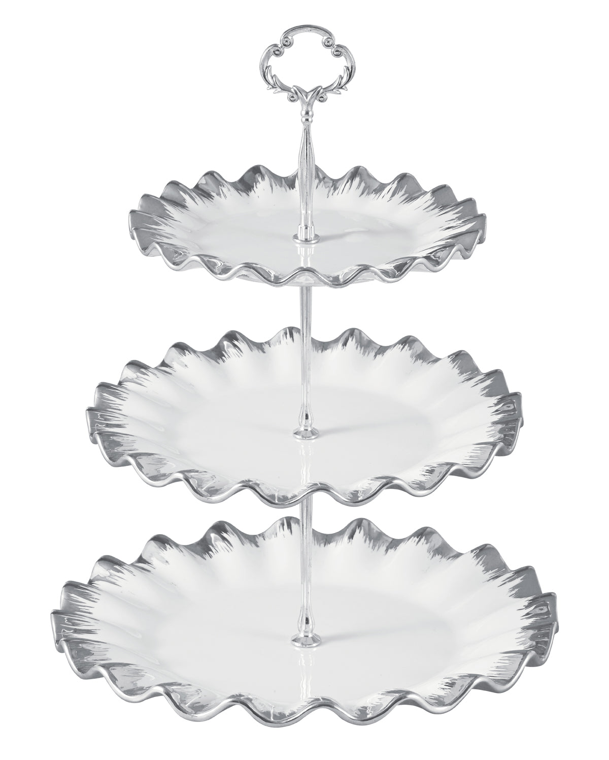 3-Tier Ruffled Edge Ceramic Dessert Stand with Gold Trim – Elegant Tiered Serving Tray for Cakes, Fruits & Pastries