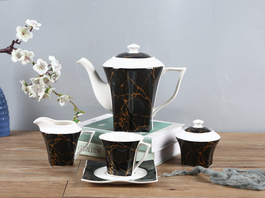 RoyalDine's Exclusive 15 Pieces Coffee/Tea Set (MATERIAL CERAMIC) Exquisite Tea Set For Tea Lovers. Elegant Tea Serving Set Marble Design.Vintage Black & White Teaset.