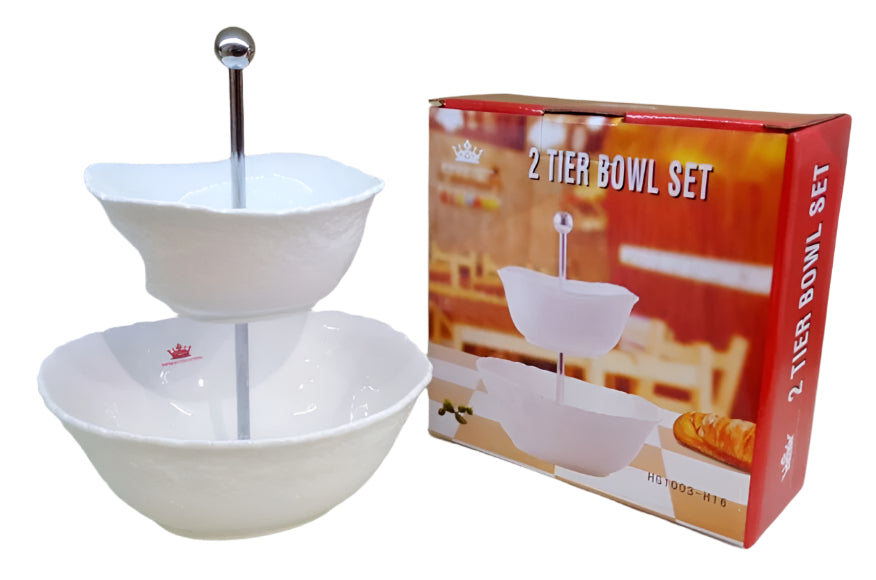 Royal Dine 2-Tier Ceramic Bowl Set with Metal Stand – Elegant Serving Display for Snacks, Fruits, or Desserts