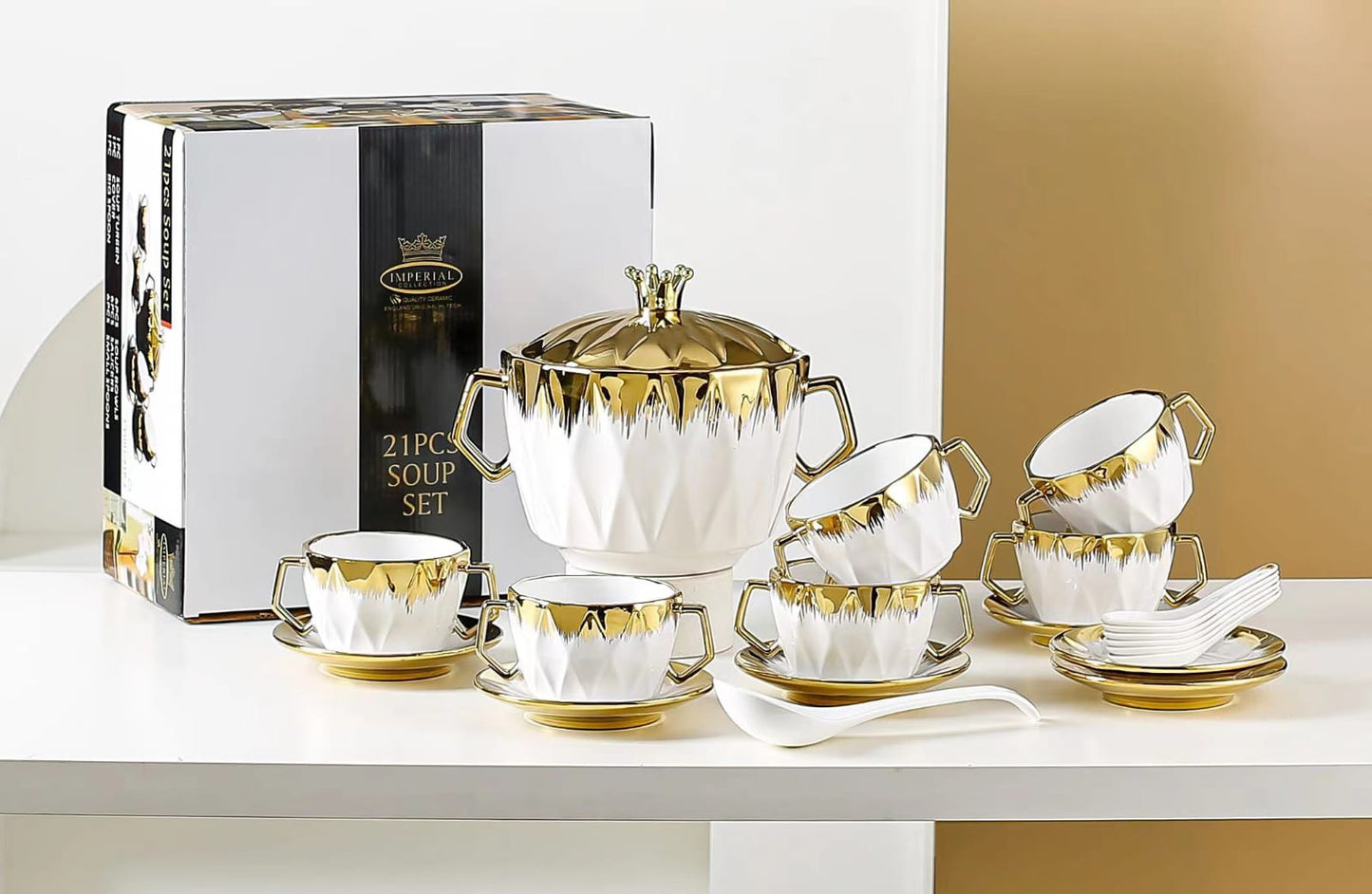 Premium Quality 21 Pieces Soup Bowlset - 1 Big Bowl with Lid & Serving Spoon 6 Soup Bowls with Saucers & Soup Spoons