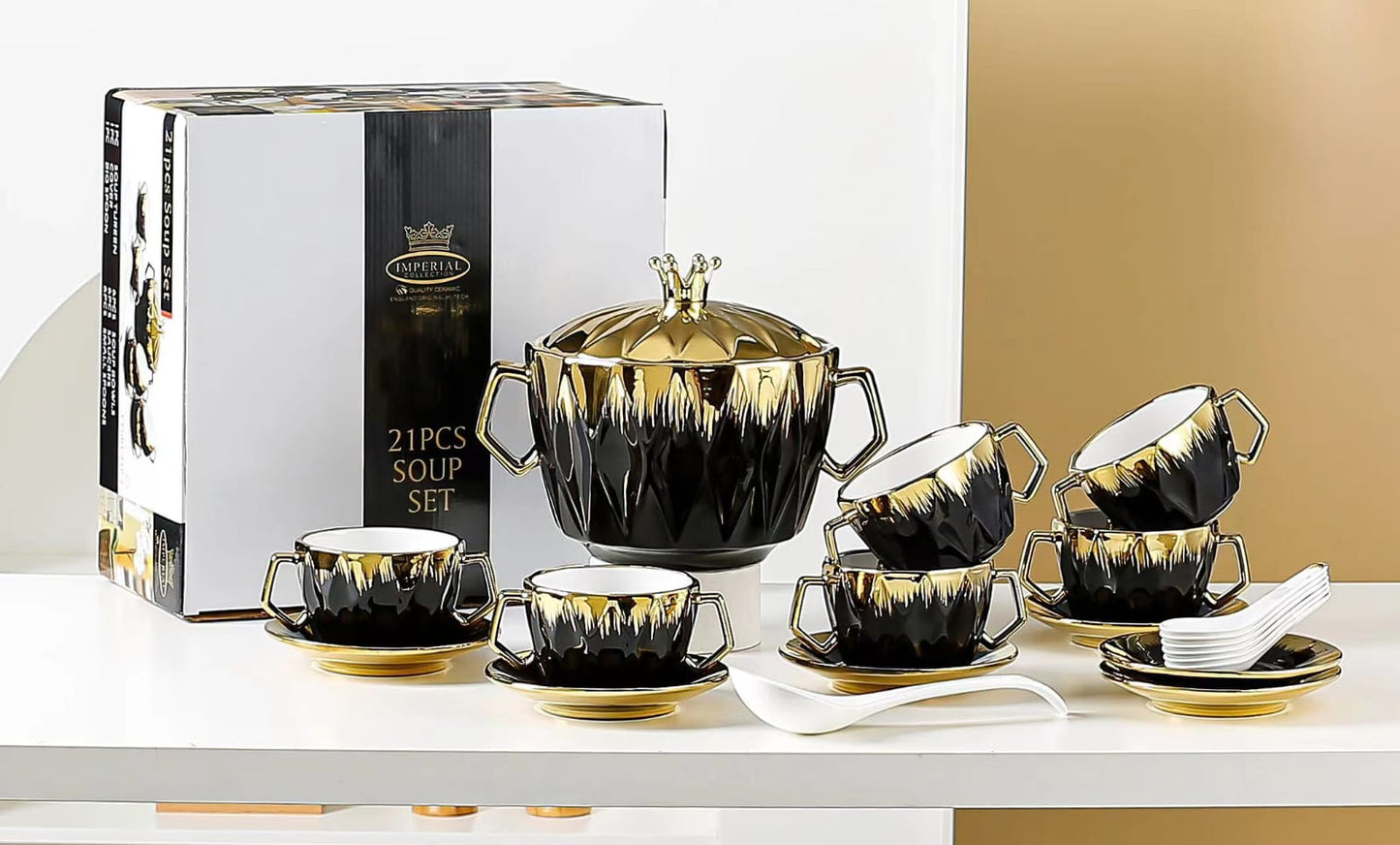 Premium Quality 21 Pieces Soup Bowlset - 1 Big Bowl with Lid & Serving Spoon 6 Soup Bowls with Saucers & Soup Spoons