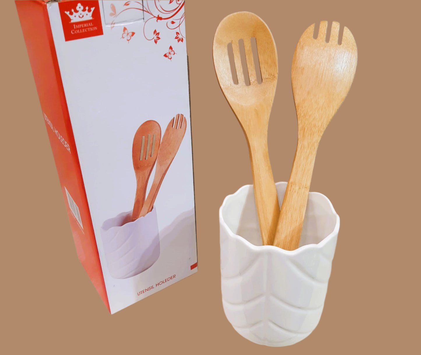 Royal Dine Ceramic Utensil Holder with 2 Wooden Spoons – Leaf Pattern Design