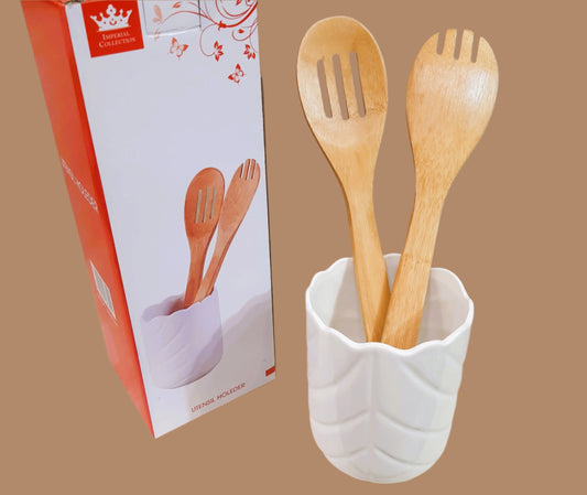 Royal Dine Ceramic Utensil Holder with 2 Wooden Spoons – Leaf Pattern Design