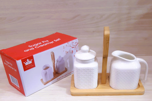 Royal Dine Ceramic Sugar Pot & Creamer Set with Bamboo Tray – Elegant Textured Finish