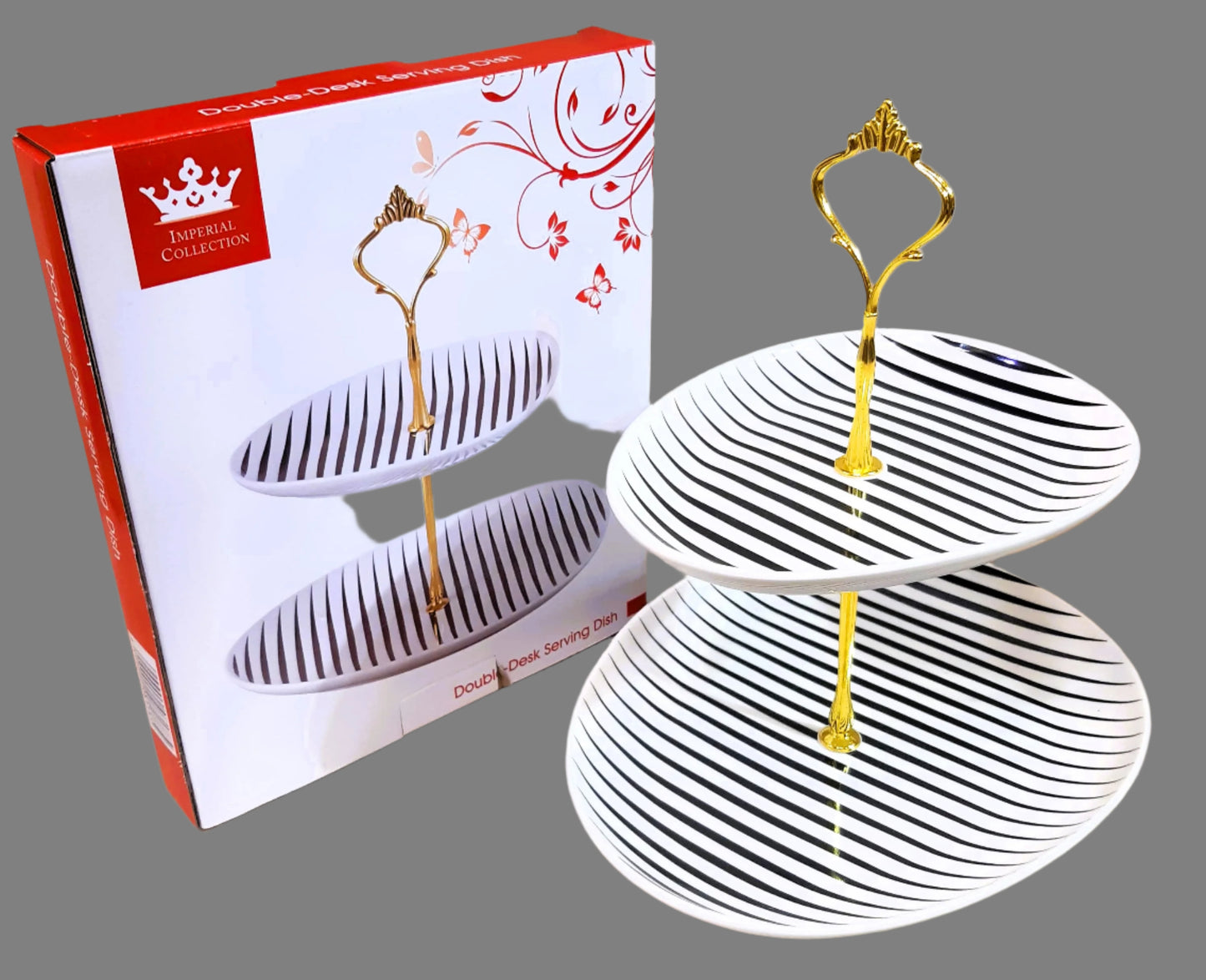 Royal Dine 2-Tier Ceramic Serving Tray – Black & White Striped Dessert Stand with Golden Handle
