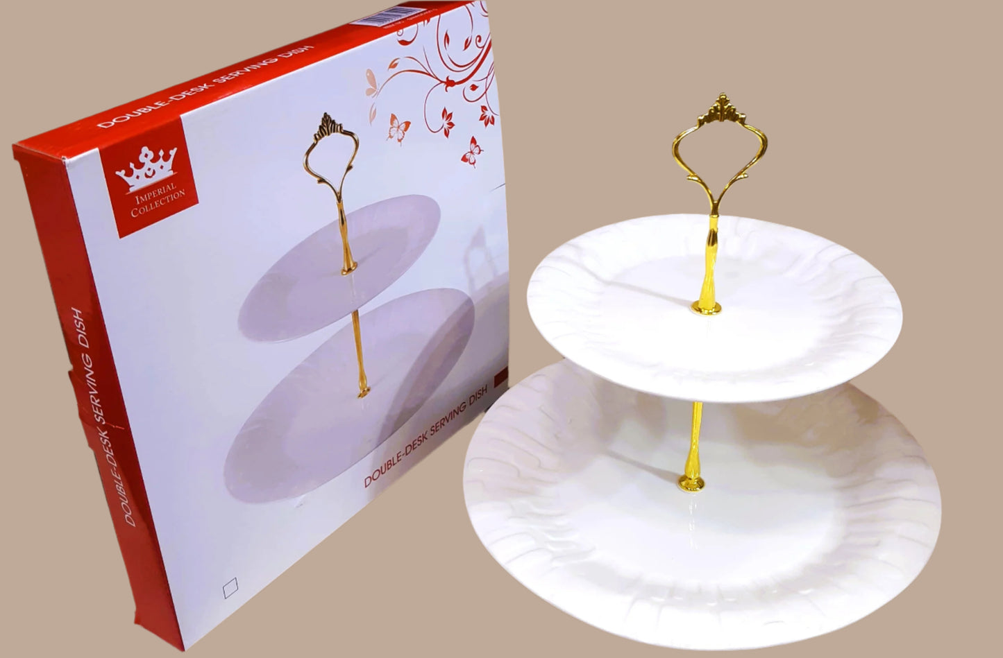 Royal Dine 2-Tier White Ceramic Dessert Stand with Gold Handle – Elegant Serving Tray for Cakes, Snacks & Sweets