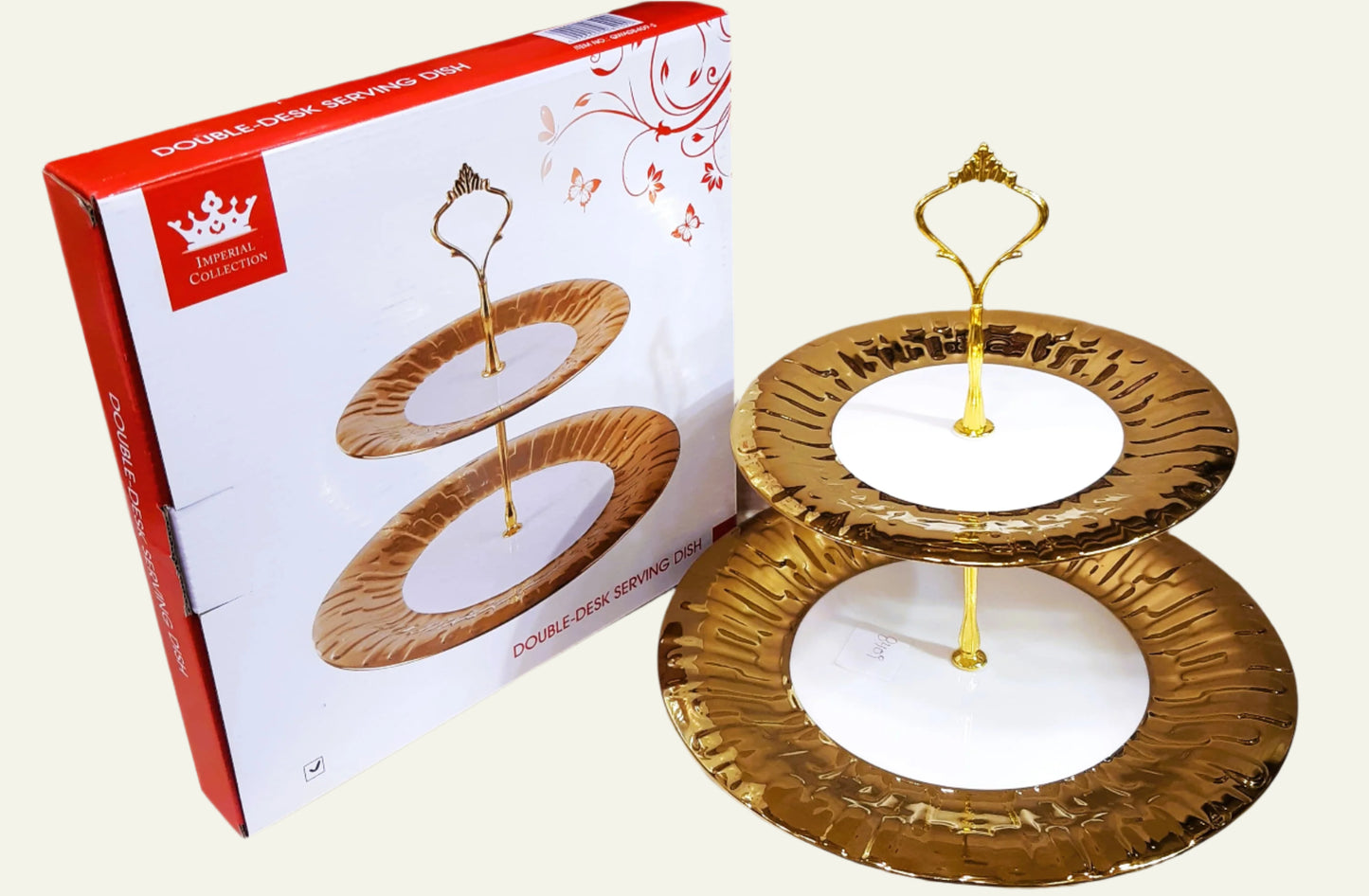 Royal Dine 2-Tier Gold Rim Ceramic Serving Stand – Elegant Tiered Tray for Cakes, Desserts & Snacks