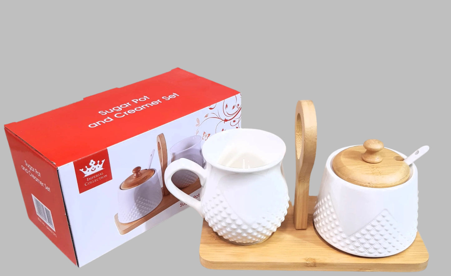 Royal Dine Sugar Pot & Creamer Set with Bamboo Tray – Ceramic Tea Coffee Service Set