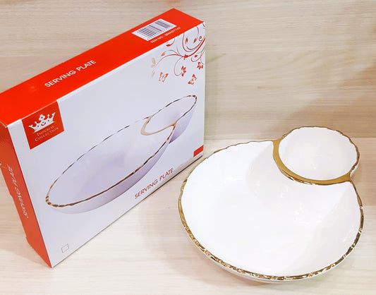 Royal Dine White Ceramic Dual-Section Serving Plate with Gold Rim – Premium Chip & Dip Dish