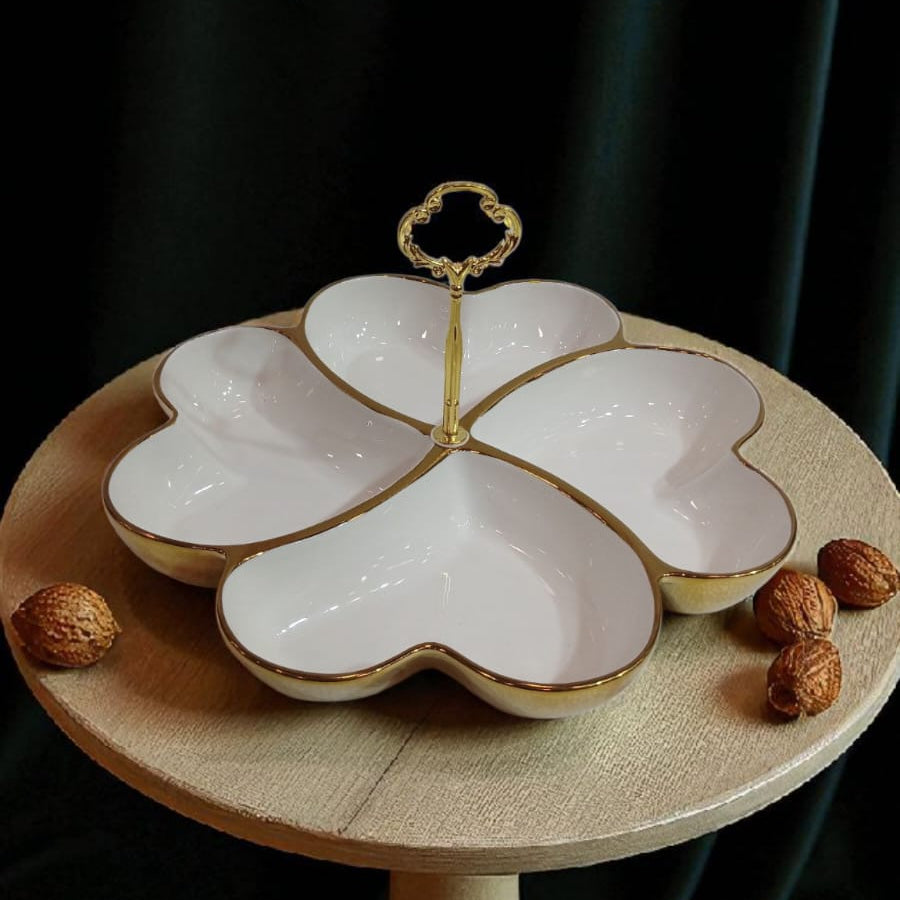 Luxury 4-Section Ceramic Snack Serving Tray with Golden Handle – Elegant Partitioned Platter for Dry Fruits, Snacks & Appetizers