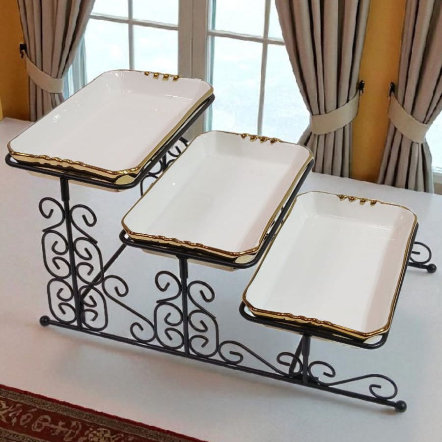 3-Tier Elegant Serving Tray Stand – Porcelain Dishes with Gold Rim & Wrought Iron Frame