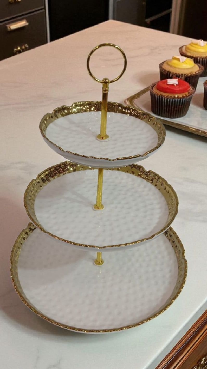 Luxury 3-Tier Gold Dessert Stand – White Porcelain with Hammered Texture & Gold Trim