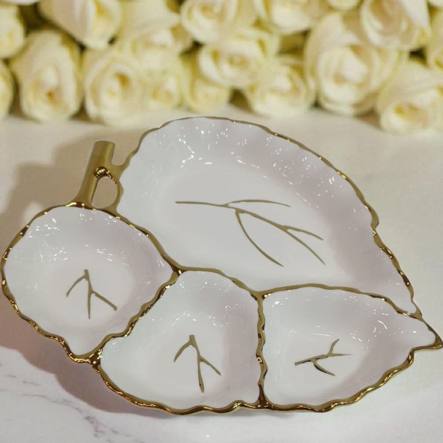 Leaf-Inspired Divided Porcelain Serving Dish – 4-Section Platter with Gold Trim