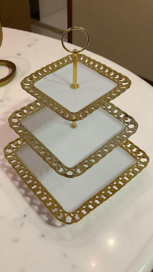 3-Tier Square Gold Dessert Stand – Elegant White Porcelain Serving Tray