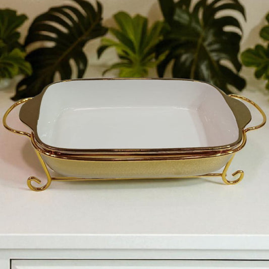 Luxury Rectangular Ceramic Baking Dish with Golden Metal Stand – Elegant Serveware for Dining & Events