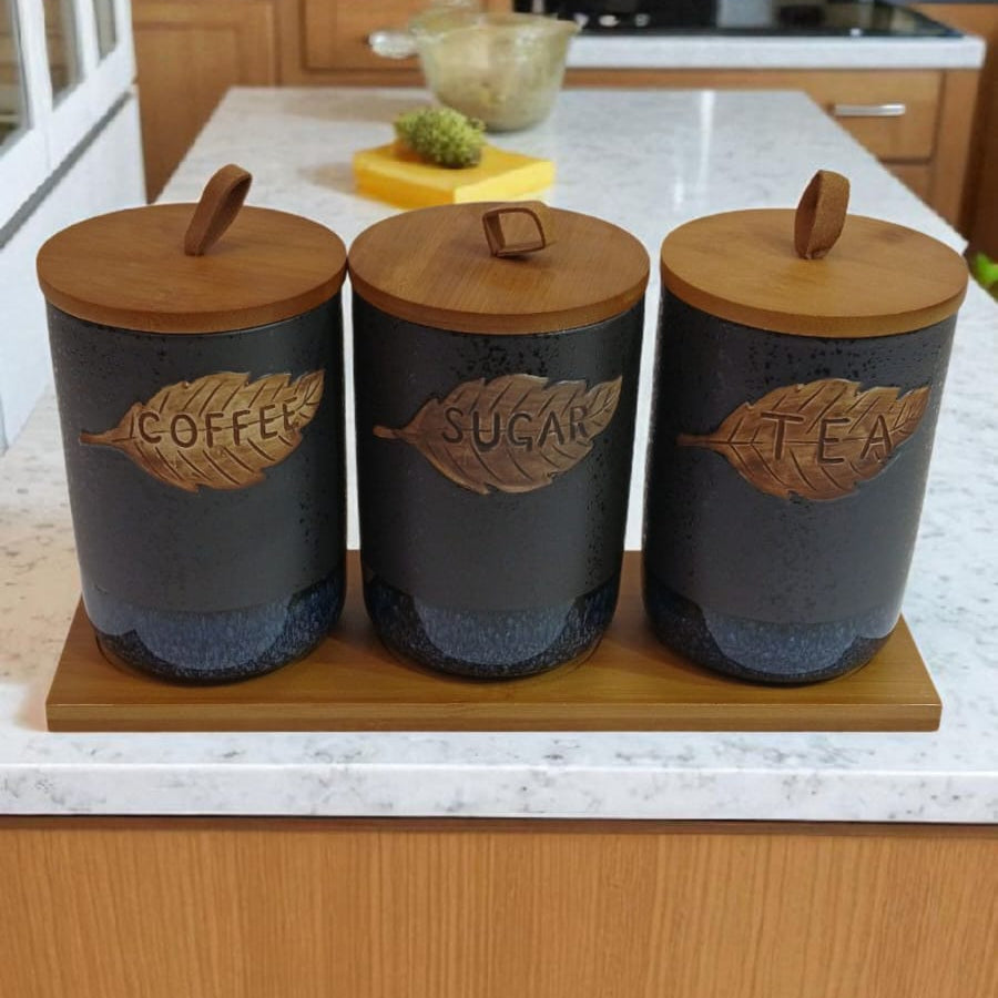Rustic Black Ceramic Canister Set – Coffee, Sugar & Tea Jars with Bamboo Lids & Tray