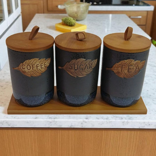 Rustic Black Ceramic Canister Set – Coffee, Sugar & Tea Jars with Bamboo Lids & Tray