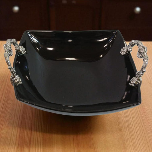 🖤 Royal Black Square Ceramic Serving Bowl with Elegant Silver Handles