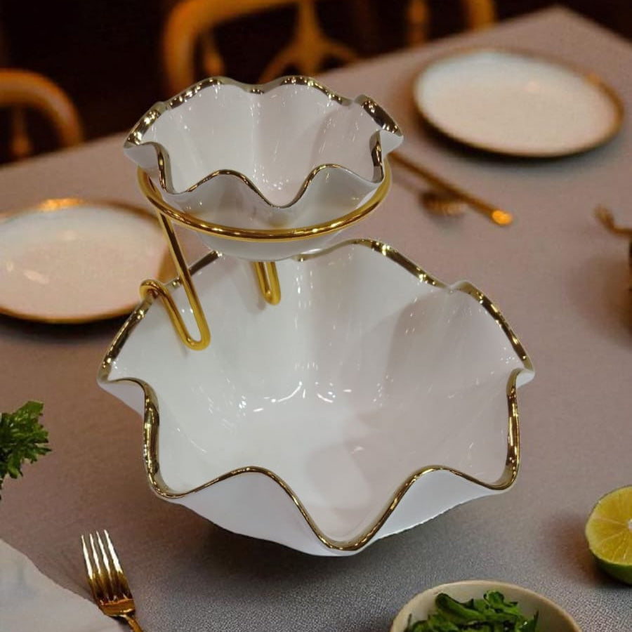 Luxury 2-Tier Ceramic Serving Bowl with Golden Stand