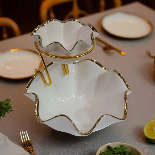 Luxury 2-Tier Ceramic Serving Bowl with Golden Stand
