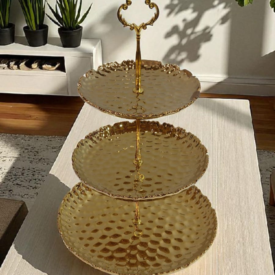 Royal Dine 3-Tier Ceramic Golden Dessert & Snack Stand – Luxury Serving Tray