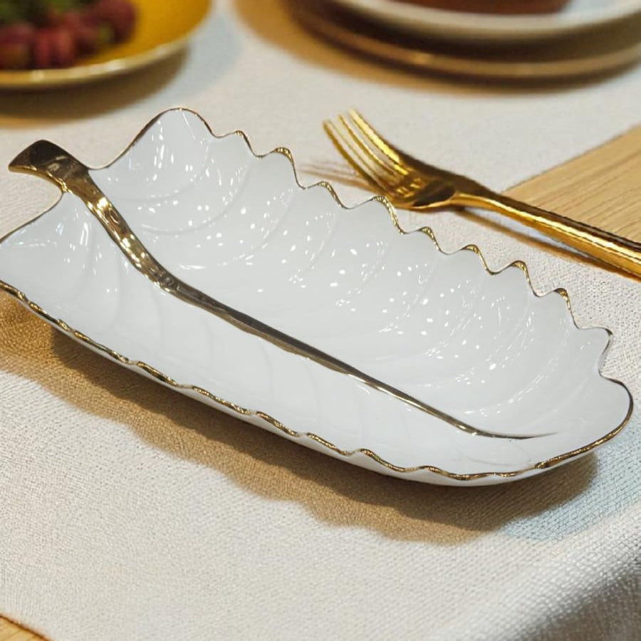 Luxury Rectangular Leaf Shaped Ceramic Serving Platter with Golden Edges – Elegant Tableware & Modern Serveware