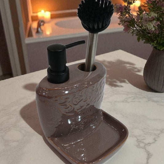 Ceramic Soap Dispenser with Brush Holder & Tray – Elegant Kitchen & Bathroom Organizer