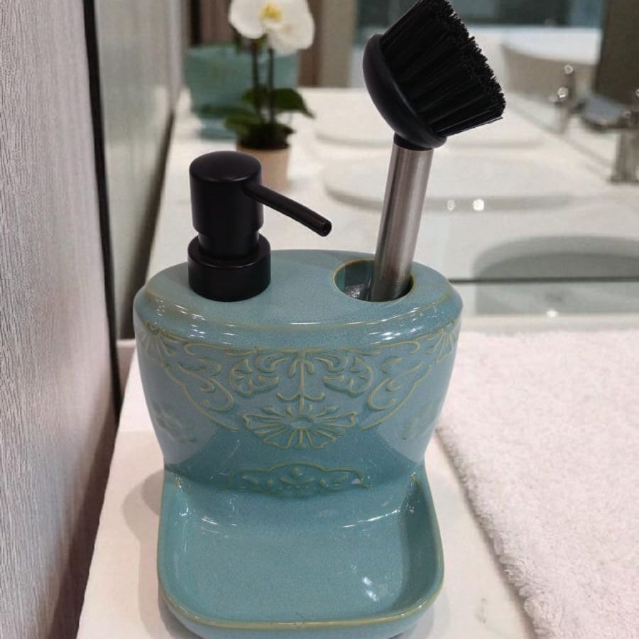 Ceramic Soap Dispenser with Brush Holder & Tray – Elegant Kitchen & Bathroom Organizer