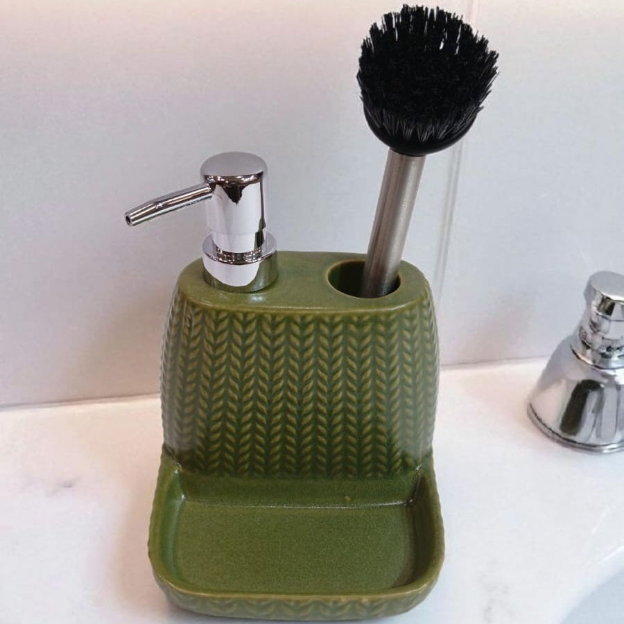 Ceramic Soap Dispenser with Brush Holder & Tray – Elegant Kitchen & Bathroom Organizer