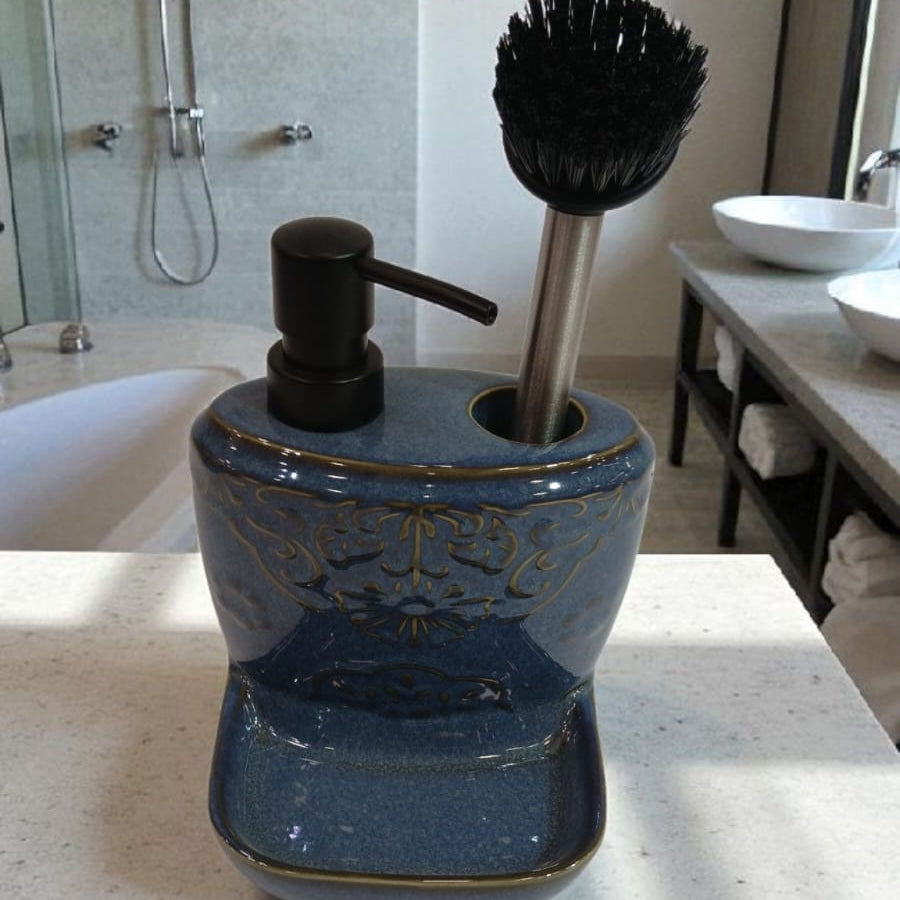 Ceramic Soap Dispenser with Brush Holder & Tray – Elegant Kitchen & Bathroom Organizer