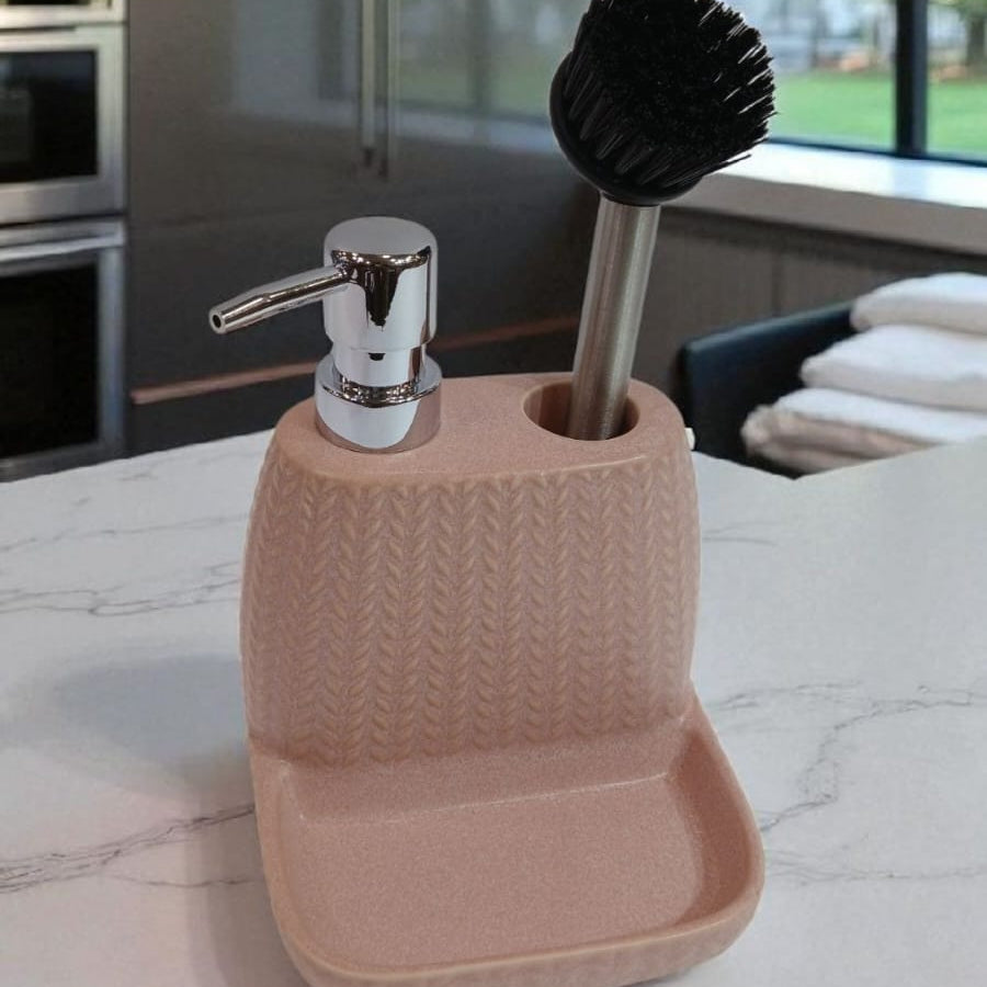 Ceramic Soap Dispenser with Brush Holder & Tray – Elegant Kitchen & Bathroom Organizer