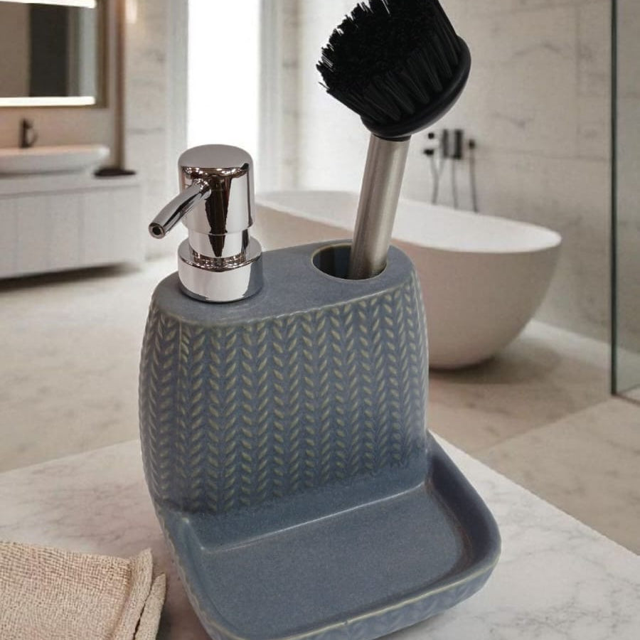 Ceramic Soap Dispenser with Brush Holder & Tray – Elegant Kitchen & Bathroom Organizer