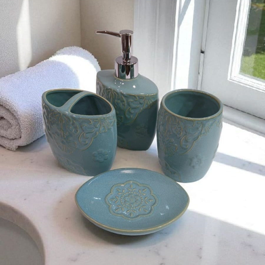 Luxury 4-Piece Ceramic Bathroom Accessory Set | Soap Dispenser, Toothbrush Holder, Soap Dish & Tumbler