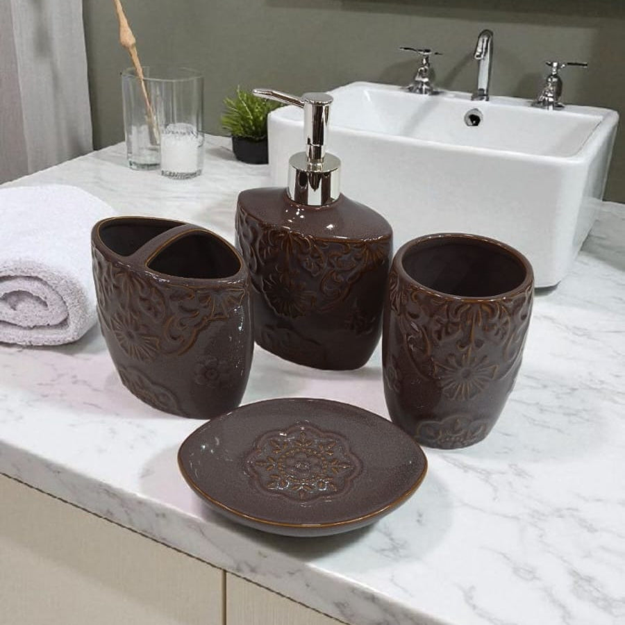 Luxury 4-Piece Ceramic Bathroom Accessory Set | Soap Dispenser, Toothbrush Holder, Soap Dish & Tumbler
