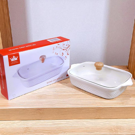 Royal Dine Rectangular Ceramic Serving Dish with Glass Lid – Classic White with Wooden Knob