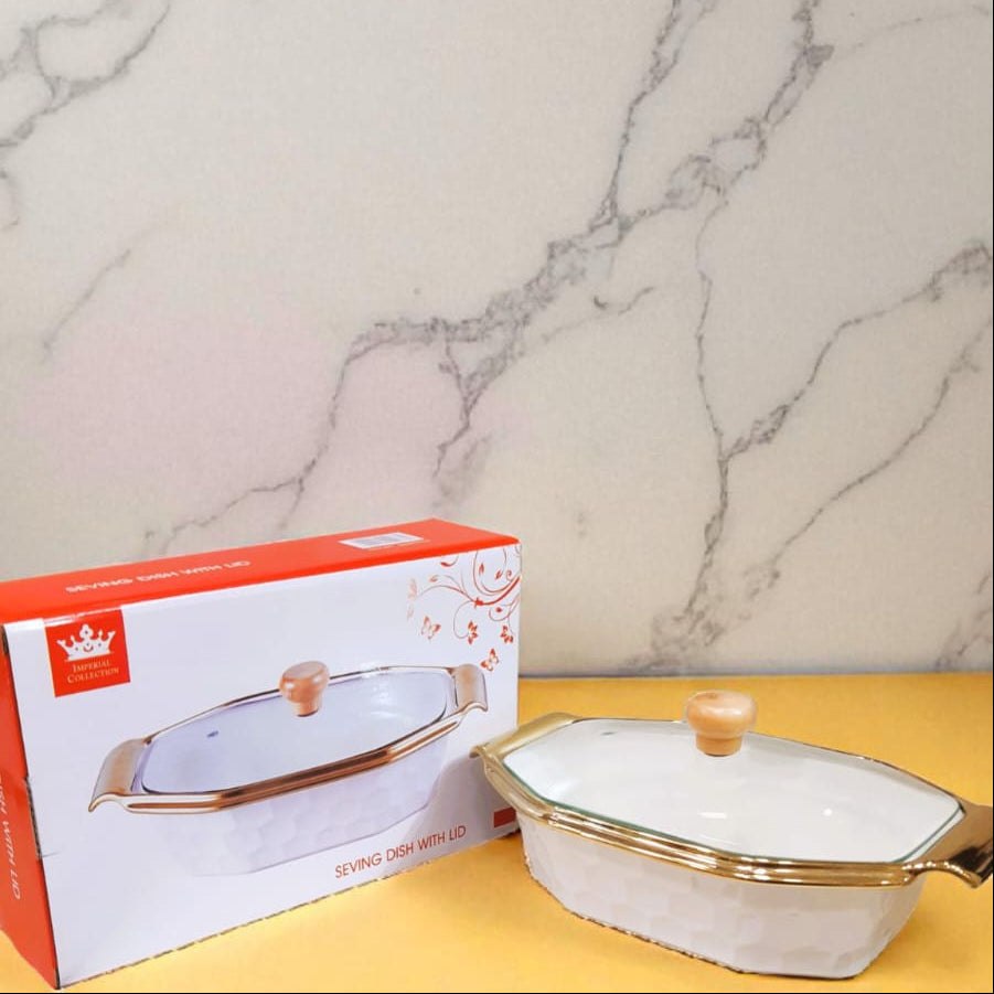 Royal Dine Oval Ceramic Serving Dish with Lid – White Textured Body & Gold-Trim Handles