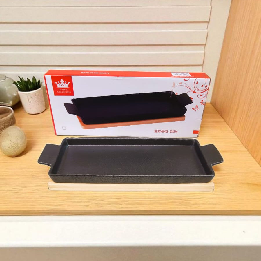 Black Ceramic Serving Dish with Wooden Base