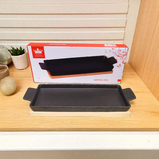 Black Ceramic Serving Dish with Wooden Base