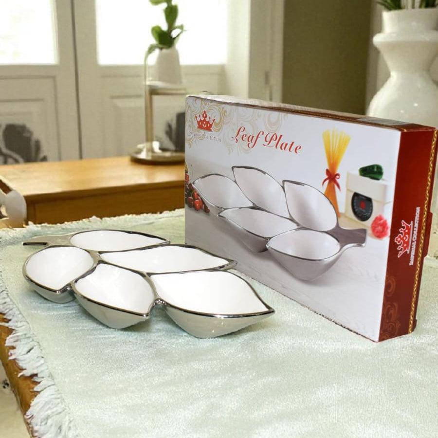 Leaf Plate Serving Platter – Elegant 5-Section Ceramic Dish with Silver Rim
