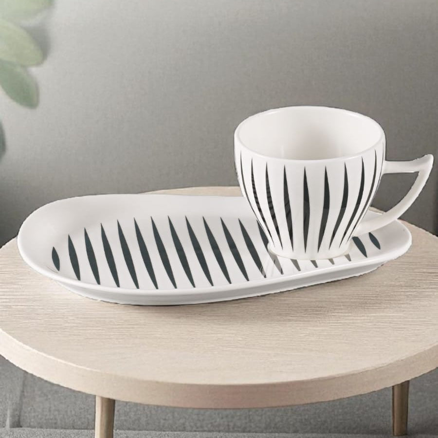 Royal Dine Ceramic Mug with Serving Plate – Black & White Stripe Design | Elegant Tea Cup and Snack Plate Set for Breakfast, Coffee, Tea & Gifting