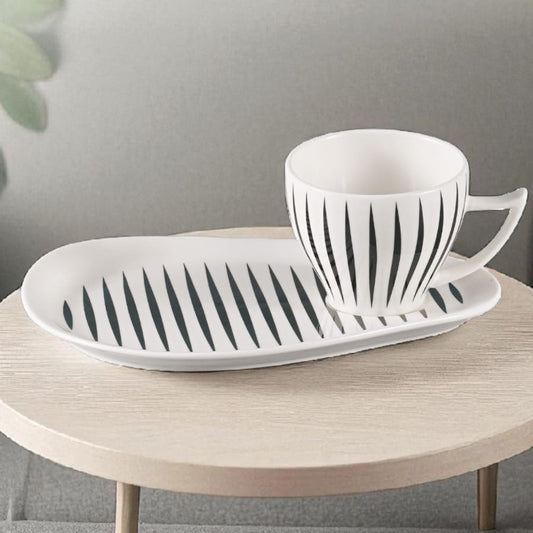 Royal Dine Ceramic Mug with Serving Plate – Black & White Stripe Design | Elegant Tea Cup and Snack Plate Set for Breakfast, Coffee, Tea & Gifting
