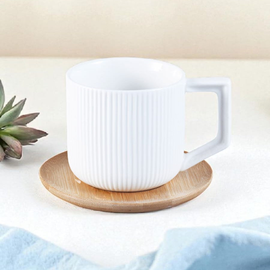 Modern White Ceramic Mug with Wooden Coaster – Set of 6 | Textured Tea/Coffee Cup Set